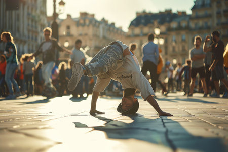 a breakdancer performing in a bustling city squareの素材
