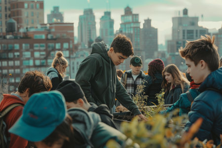 diverse group of young people gardening on a rooftopの素材