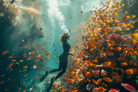 a diver exploring a vibrant coral reef with colorful fishの素材
