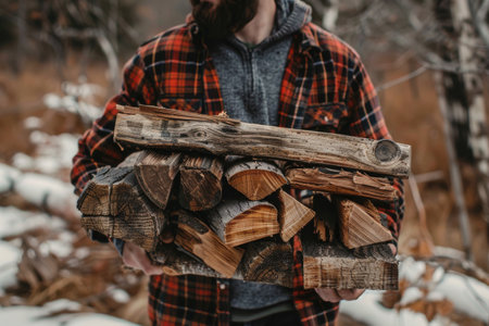 man wearing flannel carries firewoodの素材