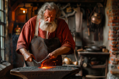 a blacksmith hammering a red hot piece of metal on an anvilの素材