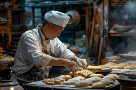a baker shaping dough in a traditional bakeryの素材