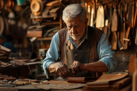 skilled leather craftsman working in the workshopの素材