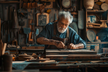 skilled leather craftsman working in the workshopの素材
