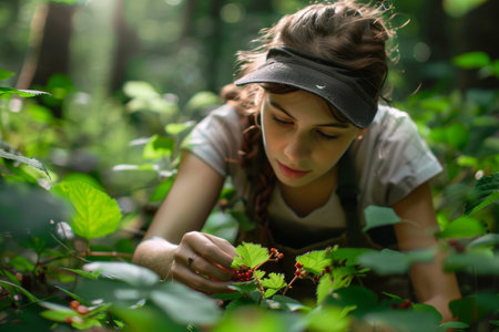 young woman harvesting wild berries from a lush green forest floorの素材