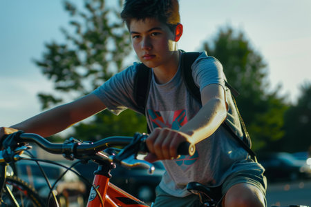 teenager getting bike to ride homeの素材