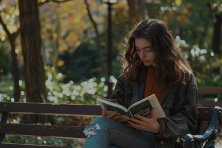 young woman reading a book on a park benchの素材