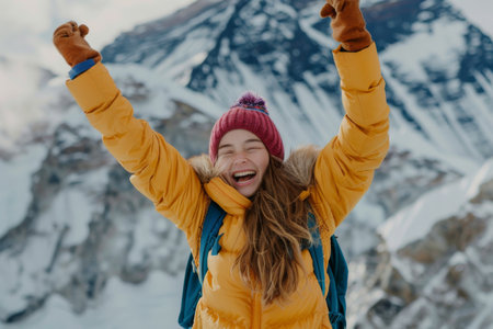young woman celebrating reaching the peak of ice mountainの素材