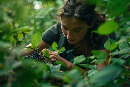 young woman harvesting wild berries from a lush green forest floorの素材