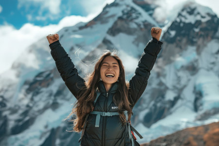 young woman celebrating reaching the peak of ice mountainの素材