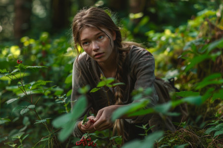 young woman harvesting wild berries from a lush green forest floorの素材