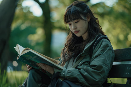 young woman reading a book on a park benchの素材