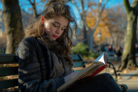 young woman reading a book on a park benchの素材
