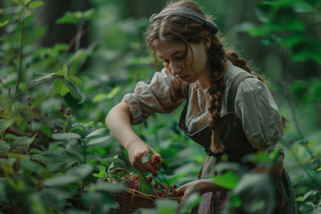 young woman harvesting wild berries from a lush green forest floorの素材