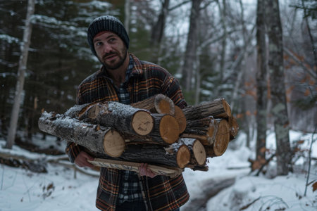 man wearing flannel carries firewoodの素材