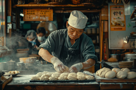 a baker shaping dough in a traditional bakeryの素材