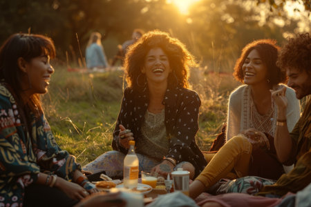 group of diverse friends picnic in a park at sunsetの素材