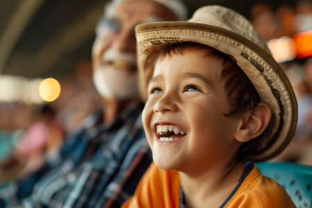 Happy kid watching sports match with his grandfather at stadiumの素材