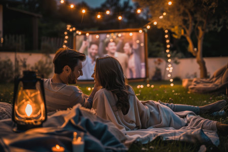 Happy couple man and woman enjoying in movie night with friends in backyardの素材