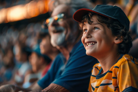 Happy kid watching sports match with his grandfather at stadiumの素材
