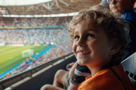 Happy kid watching sports match with his grandfather at stadiumの素材