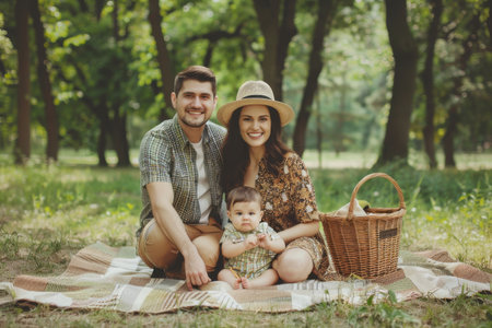 happy mother father and little son having picnic at summer parkの素材