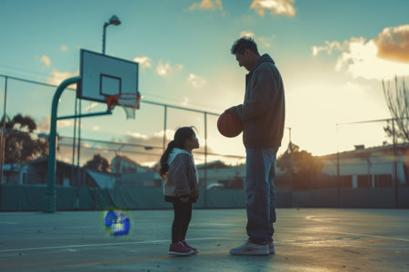 father teaching daughter to play basketball on outdoor courtの素材