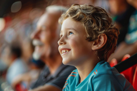 Happy kid watching sports match with his grandfather at stadiumの素材