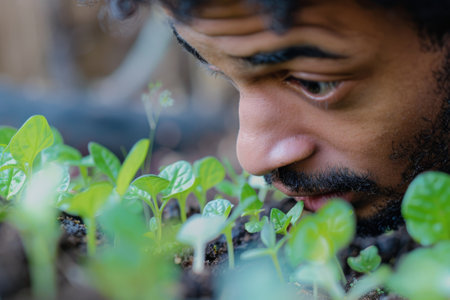 Man closely observing young sprouting plants with curiosityの素材