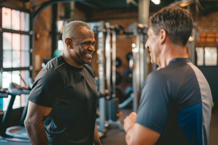 Happy personal trainer talking to his mature client during exercise class in gymの素材