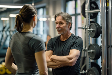 Happy personal trainer talking to his mature client during exercise class in gymの素材