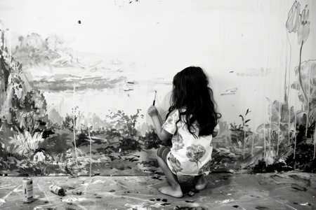 Little girl drawing pictures on a white wallの素材