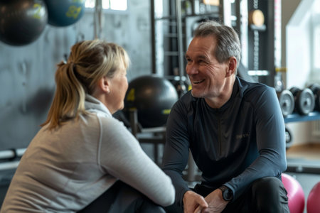 Happy personal trainer talking to his mature client during exercise class in gymの素材