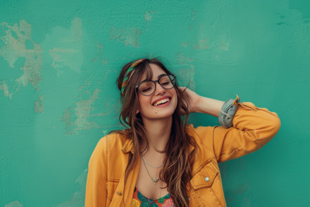 Happy woman standing on green background with trendy styleの素材