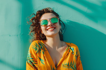 Happy woman standing on green background with trendy styleの素材