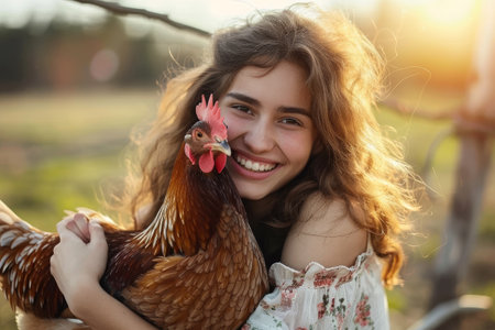 Happy young woman with a brown henの素材