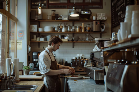 Male entrepreneur wearing apron in kitchen at coffee shopの素材