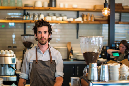 Male entrepreneur wearing apron in kitchen at coffee shopの素材