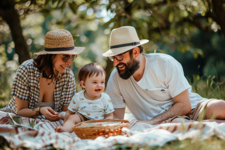 happy mother father and little son having picnic at summer parkの素材