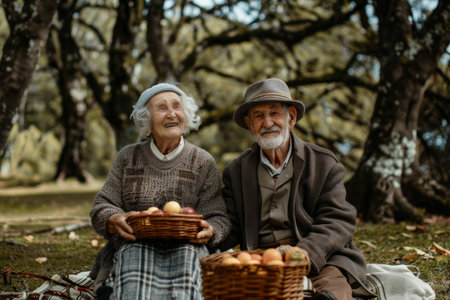 old Couple grandma and grandpa relaxing on a picnic at parkの素材