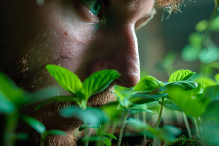 Man closely observing young sprouting plants with curiosityの素材