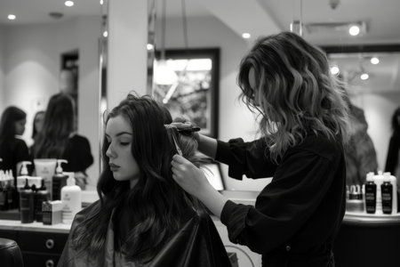 Hairstylist trimming hair of the customer in a beauty salonの素材