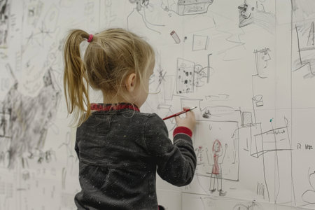 Little girl drawing pictures on a white wallの素材