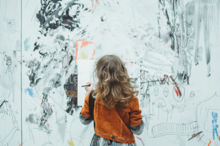 Little girl drawing pictures on a white wallの素材