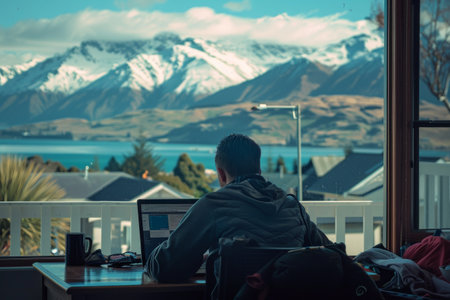 Man working on laptop in home with mountain viewの素材