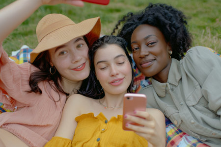 happy diverse three female friends picnic at parkの素材