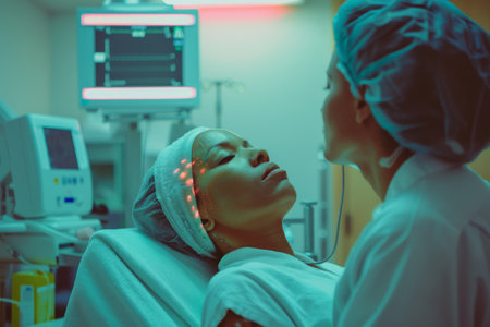Female patient receiving ultrasound examination in medical clinicの素材