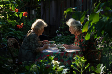 Two elderly women enjoying tea in backyard gardenの素材