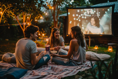 Happy couple man and woman enjoying in movie night with friends in backyardの素材