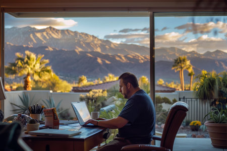 Man working on laptop in home with mountain viewの素材